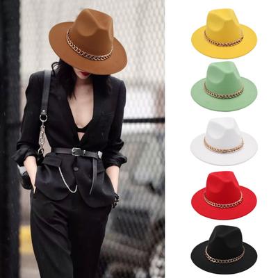 Sombrero de rendimiento con decoración de cadena gruesa y cúpula, color sólido, sombrero de jazz, ala ancha, accesorio fotográfico retro, Fedora, gorra Panamá para invierno y otoño