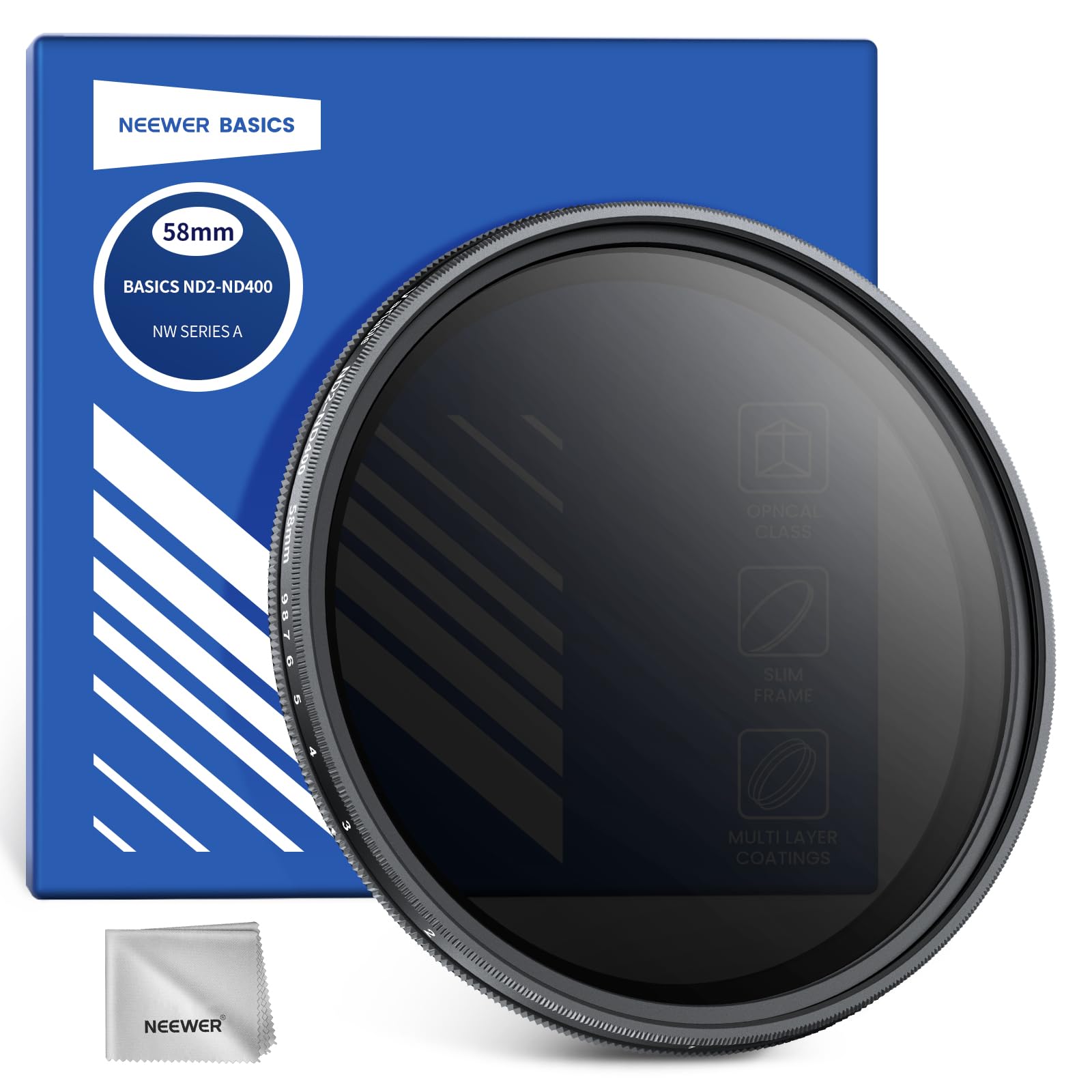 

Neewer Basics 58mm Variable ND Filter ND2-400 Camera Lens Filter 1-9 Stop Rotating Dimming Fingerprint-Resistant Ultra-Thin Frame