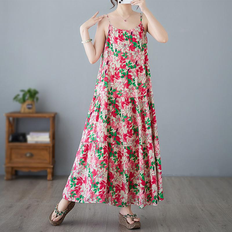 Letní Malé Svěží Květinové Omlazující Bavlněné Lněné Šaty na Ramínka s Velkou Sukní pro Ženy Ležérní Šaty