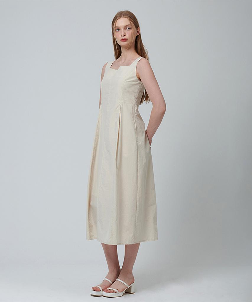 PINBLACK Square Neck Pintuck Sleeveless Dress Beige