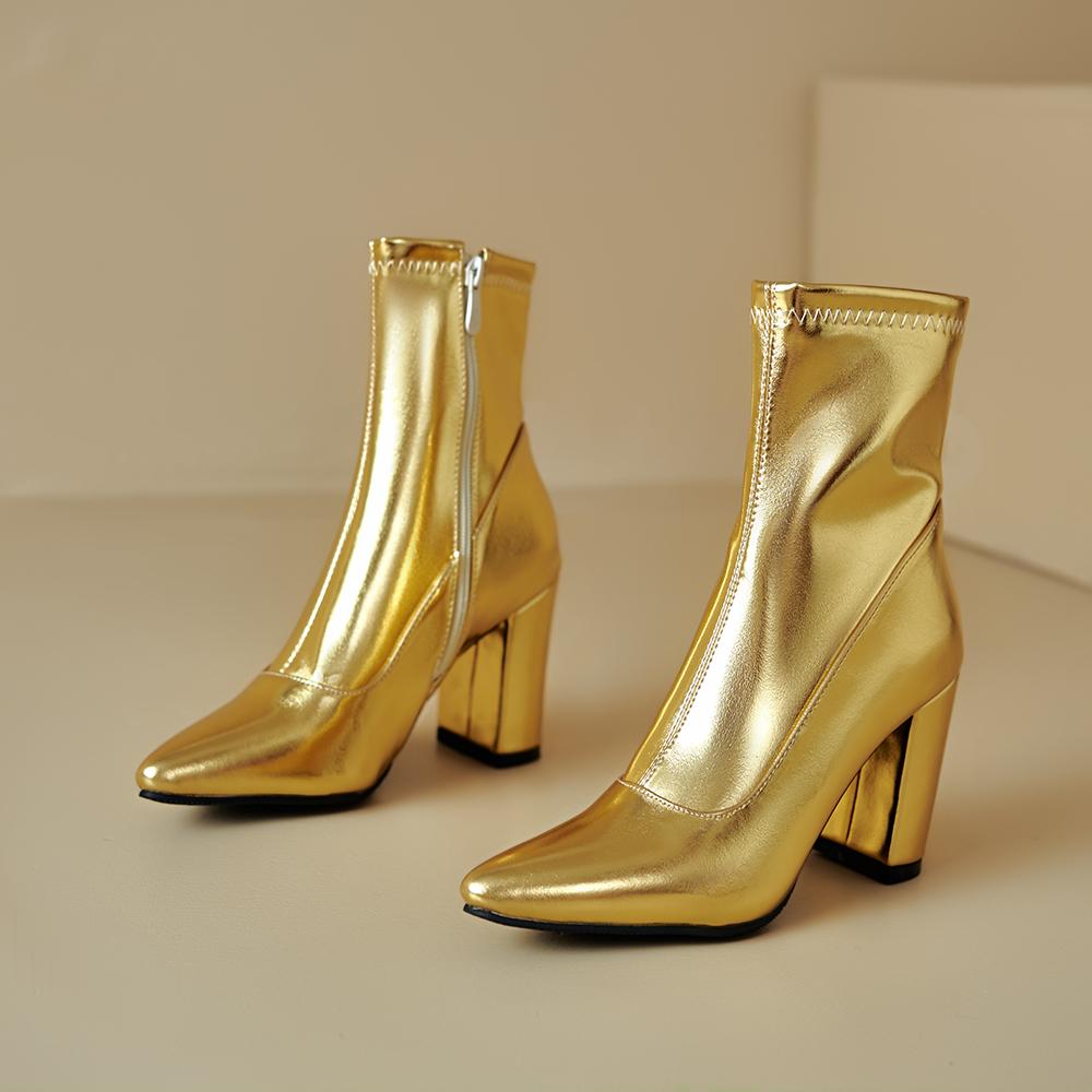 Gold Silver Women Mid Calf Boots High Heel Small Big Size 32 46