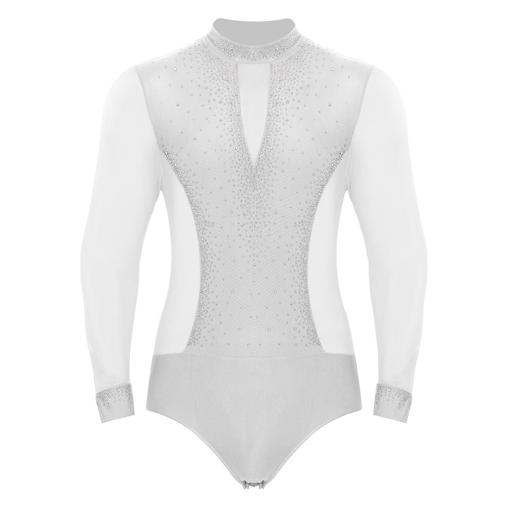 Mens Figure Skating Bodysuit Mock Neck Long Sleeve Sheer Mesh Patchwork Colorful Rhinestones Latin Dance Leotard