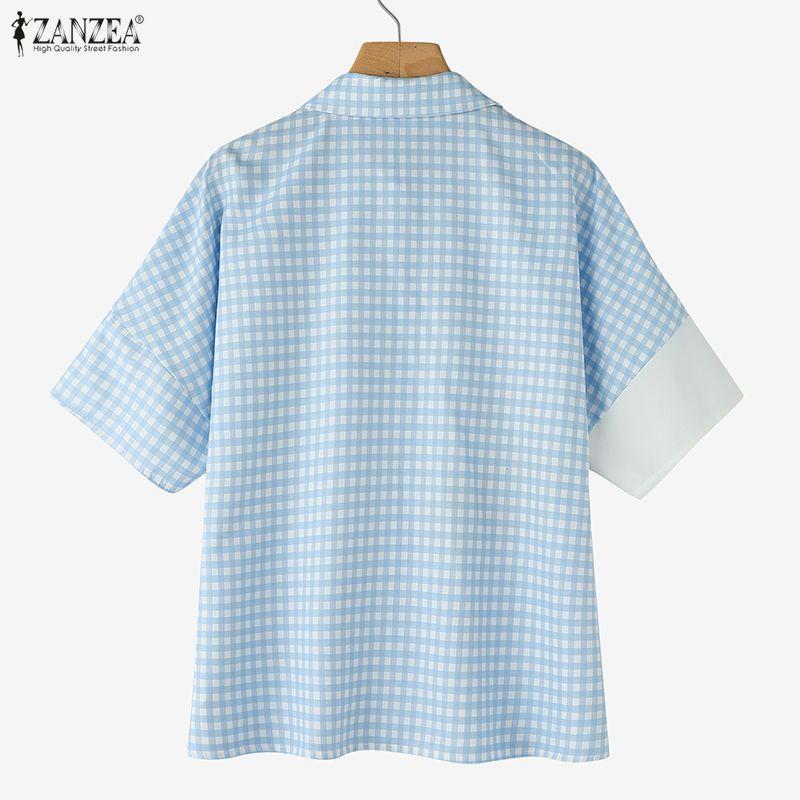 ZANZEA Women Casual Turn Down Collar Loose Short Sleeve Grid Print Blouse