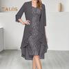 2 Teile/satz Damen Strickjacke Kleid Set Spitze Blumenstickerei O Hals Slim Fit Midikleid Dünn Unregelmäßig Dreiviertel Ärmel Mittellang Mantel Formal