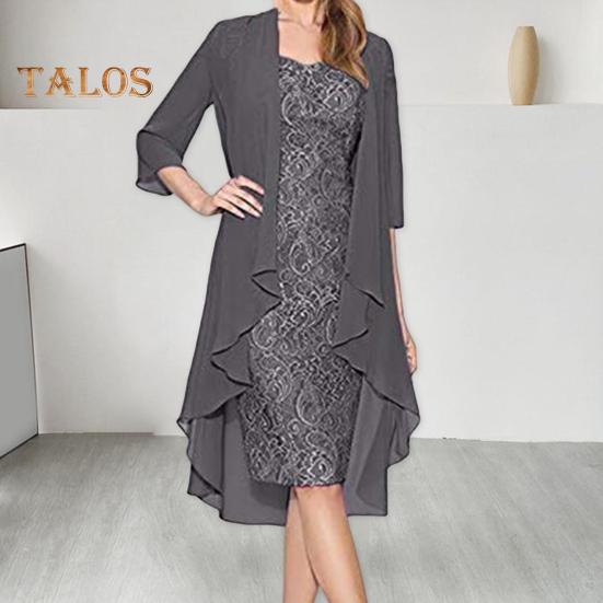 2 Teile/satz Damen Strickjacke Kleid Set Spitze Blumenstickerei O Hals Slim Fit Midikleid Dünn Unregelmäßig Dreiviertel Ärmel Mittellang Mantel Formal