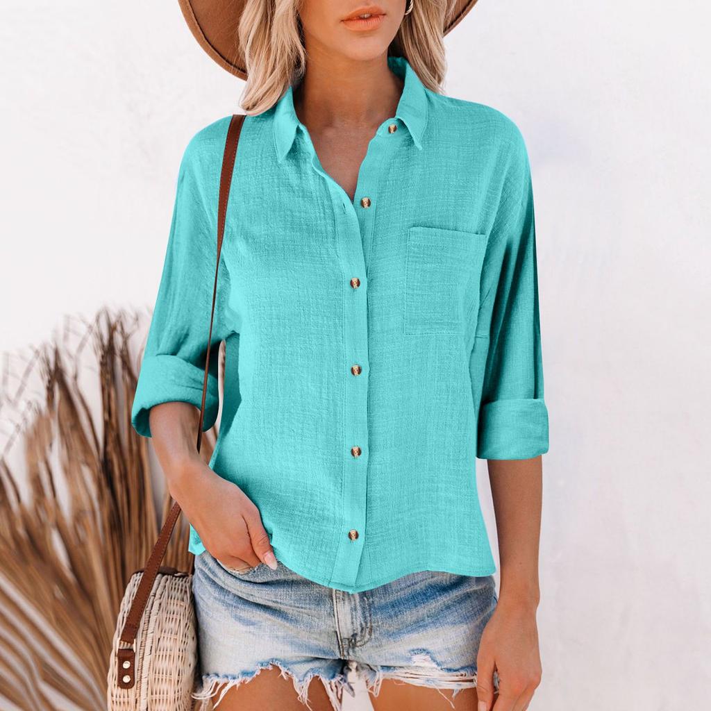 Women's Loose Cotton Linen Solid Color Long Sleeve Cardigan Irregular Pocket Shirt Top