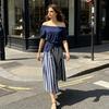 Women's Summer Vacation 2 Piece Skirt Sets Off Shoulder Short Sleeve Top And Striped Flowy Maxi Skirt Casual Travel Outfits with Belt