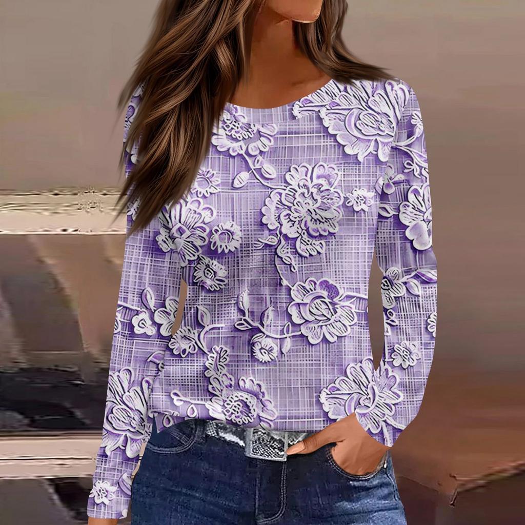 Women's Fashion Casual LongSleeve Print Round Neck Pullover Top Blouse