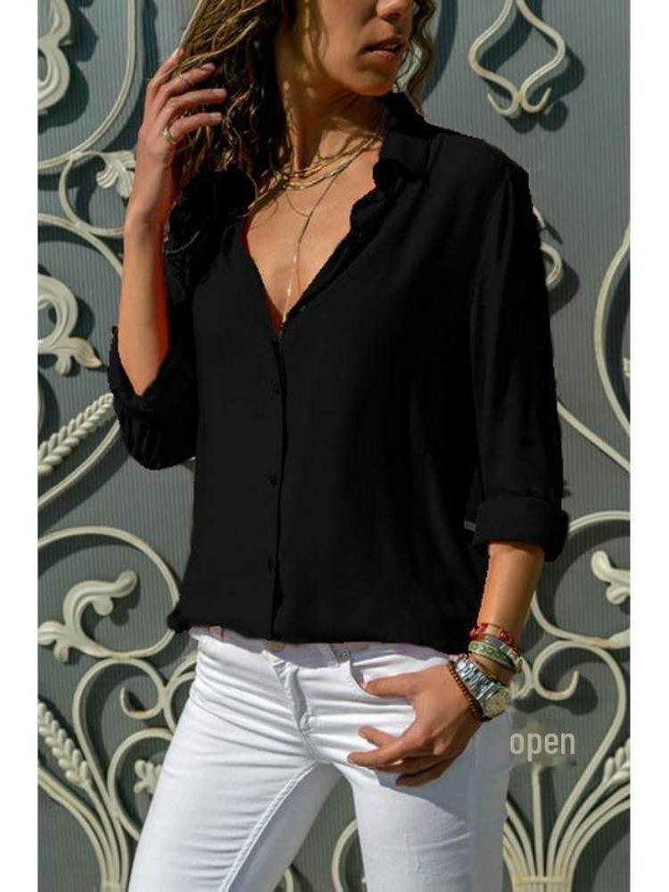 Autumn Winter Fashion Womens Chiffon Shirt Long Sleeves Deep V Neck