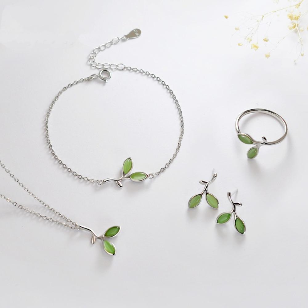 

Women Jewelry Set Silver Plated Cat Eye Pendant Necklace Earrings Bracelet Ring Green Bud Spring Collection