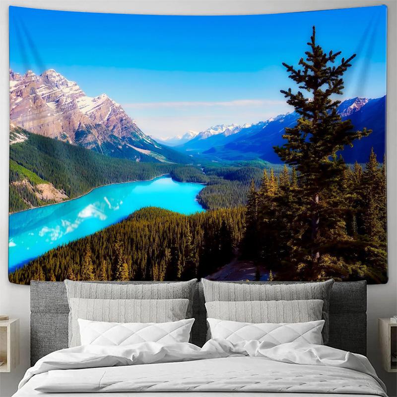 Natural Landscape Tapestry HD Scenic Wall Art Blue Lake and Snow Mountain Decorative Blanket