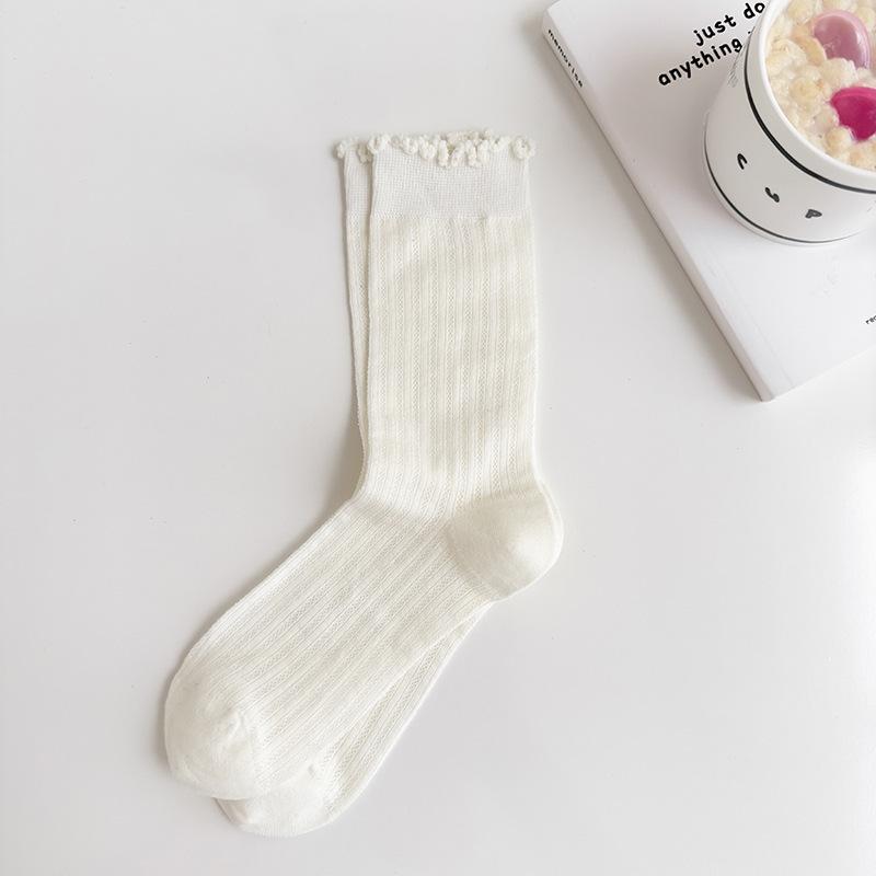 Solid Color Mesh Hollow Socks With Fungus Edge, Women'S Mid-Tube Socks, Trendy Cotton Socks, Summer Thin Ballet-Style Stockings