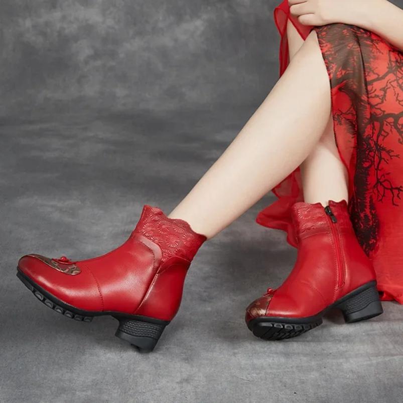 2025 New Autumn Winter Genuine Leather Shoes Women Boots Round Toe Print Sewing Zip Retro Leisure Platform Boots