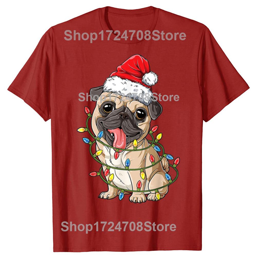 Christmas Pug With Christmas Lights Santa Hat Xmas Pug Dog T Shirt Mens Cotton Oversized Printing T Shirts Harajuku Tshirt