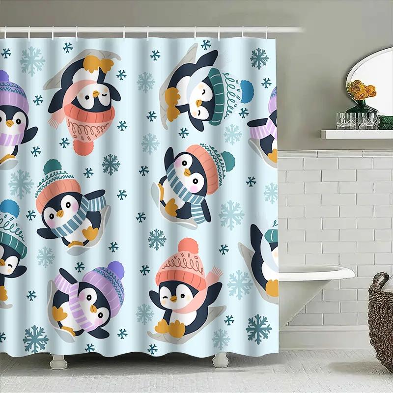 Cute Penguin Pattern Shower Curtain For Kids And Families Waterproof And Durable Bathroom Decor With Snowflake Design Easy-Clean