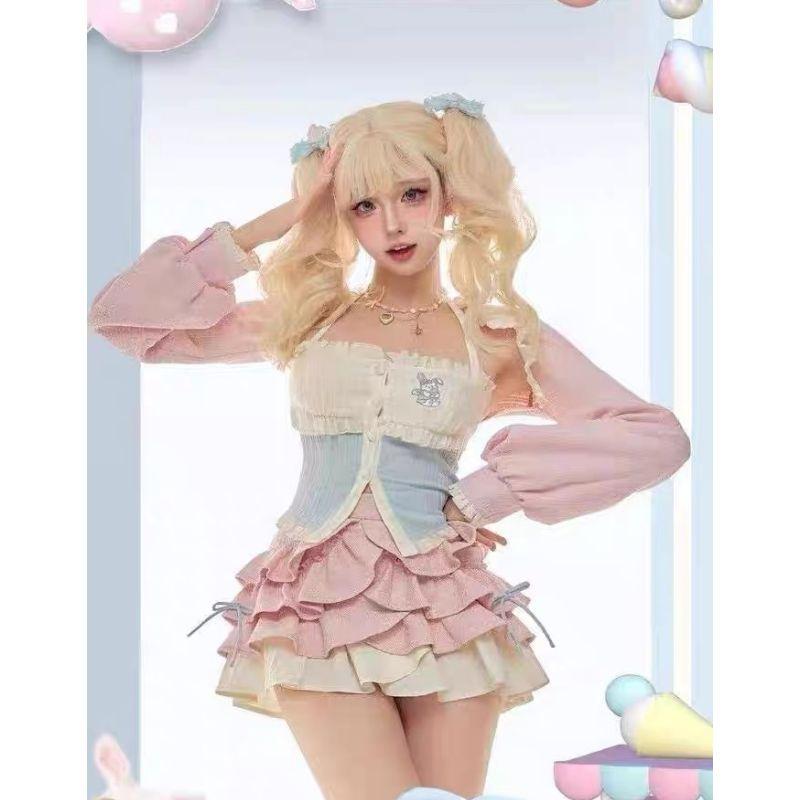 Noua culoare dulce contrastantă Lolita Set două piese femei mozaic atârnat gât piept top + cardigan scurt roz + fundă fustă tort costum fată