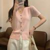 Women's White V-Neck Ribbed Knit Top Short Sleeve Button Down Asymmetric Hem Casual Tee
