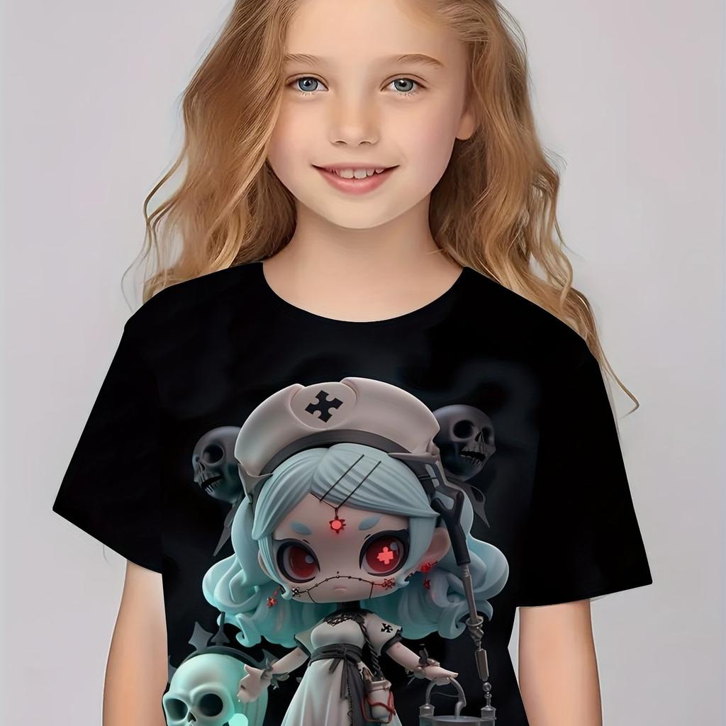 Sommer Rundhals 3D Cartoon Aufdruck Oberteil Modisch Lässig Kurzarm Kinder Mädchen T-Shirts