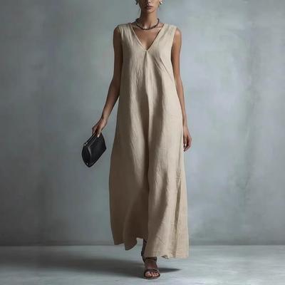 2026 European & American V-neck Sleeveless Women's Cotton Linen Casual Dress