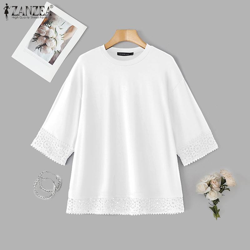 

ZANZEA Женская блузка с рукавом средней длины, кружевной вставкой, повседневная, свободного кроя 4XL белый