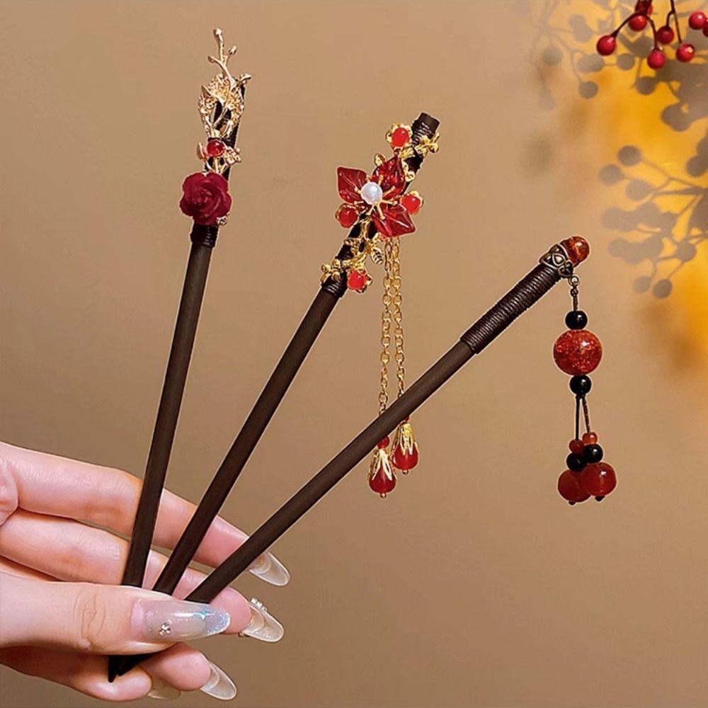 Flower Wooden Hair Stick Tassel Hanfu Hairpin Classical   Cheongsam Accessories