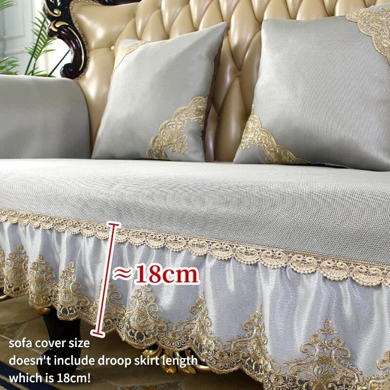 Summer Cool Ice Silk Fabric Slipcover European Luxury Lace Edge Sofa Cover Non-slip Living Room Sofa Protection Seat Cushion