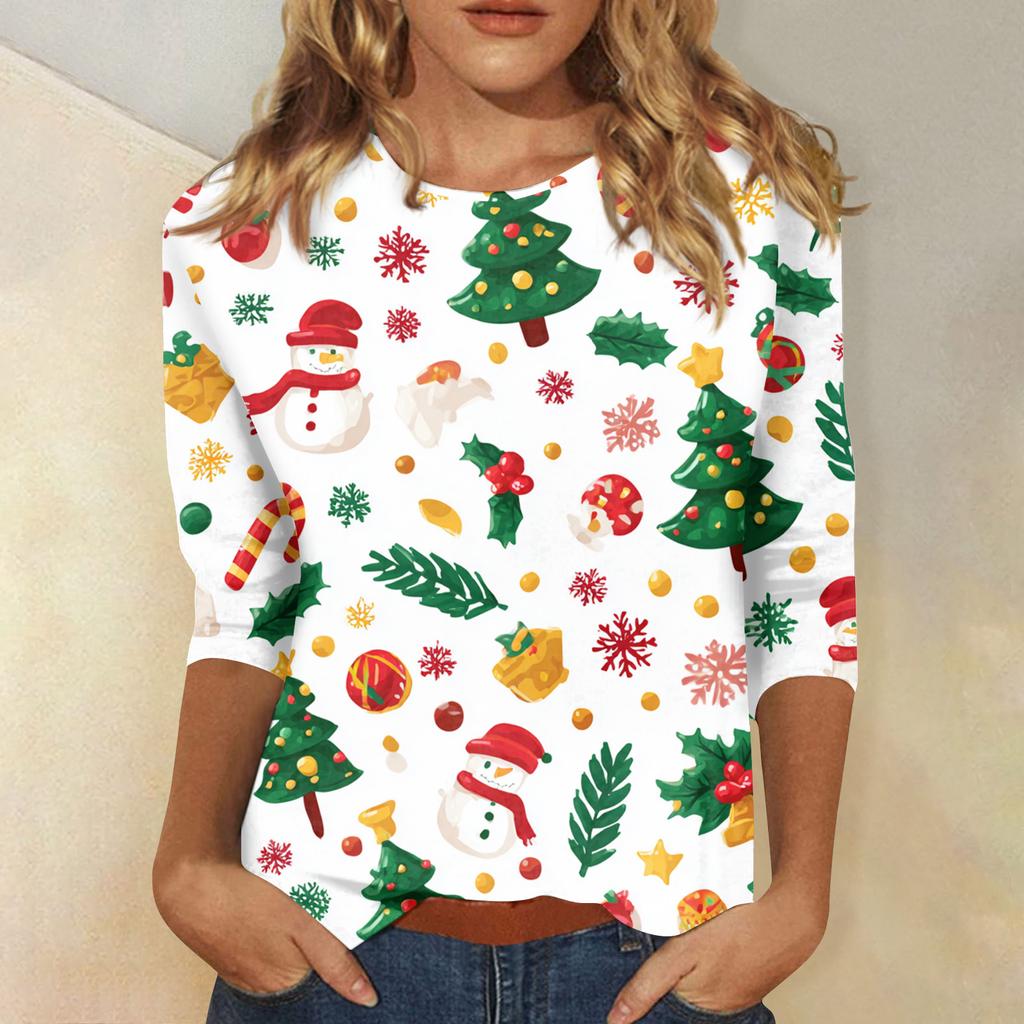 Women's Tops Three-quarter Sleeve Shirt V-neck Loose Casual Shirt Print T-shirt