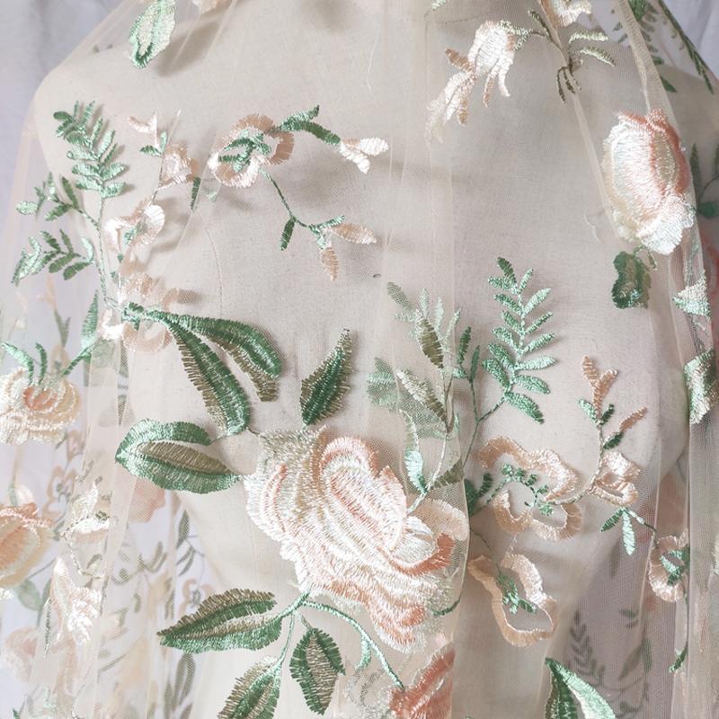 Soft Mesh Floral Embroidery Lace Fabric Colorful Rose Leaf Embroidered Fabric for DIY Sewing Clothes Wedding Dress Veils