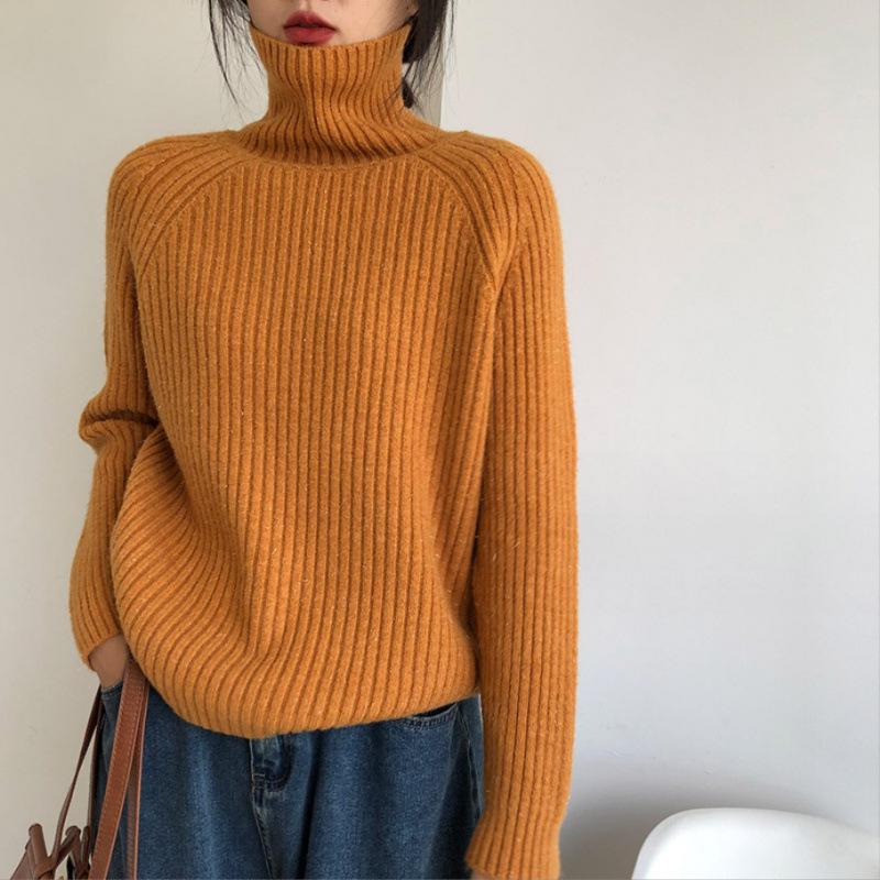 Women's Slim-Fit Ribbed High Neck Sweater - Solid Color Knit Top for Autumn/Winter