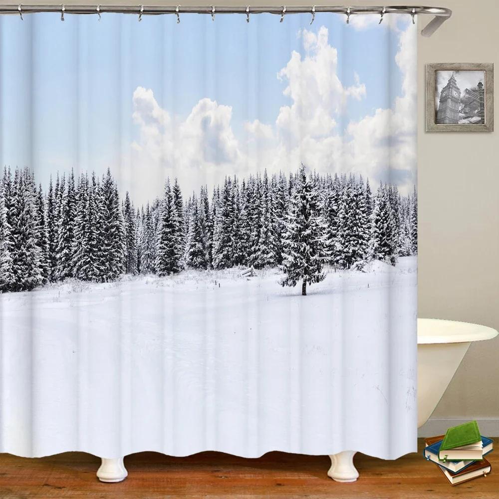 Natural landscape Snowflake Cedar Tree Shower Curtains Bathroom Curtain Frabic Waterproof Polyester Bath Curtain with Hooks