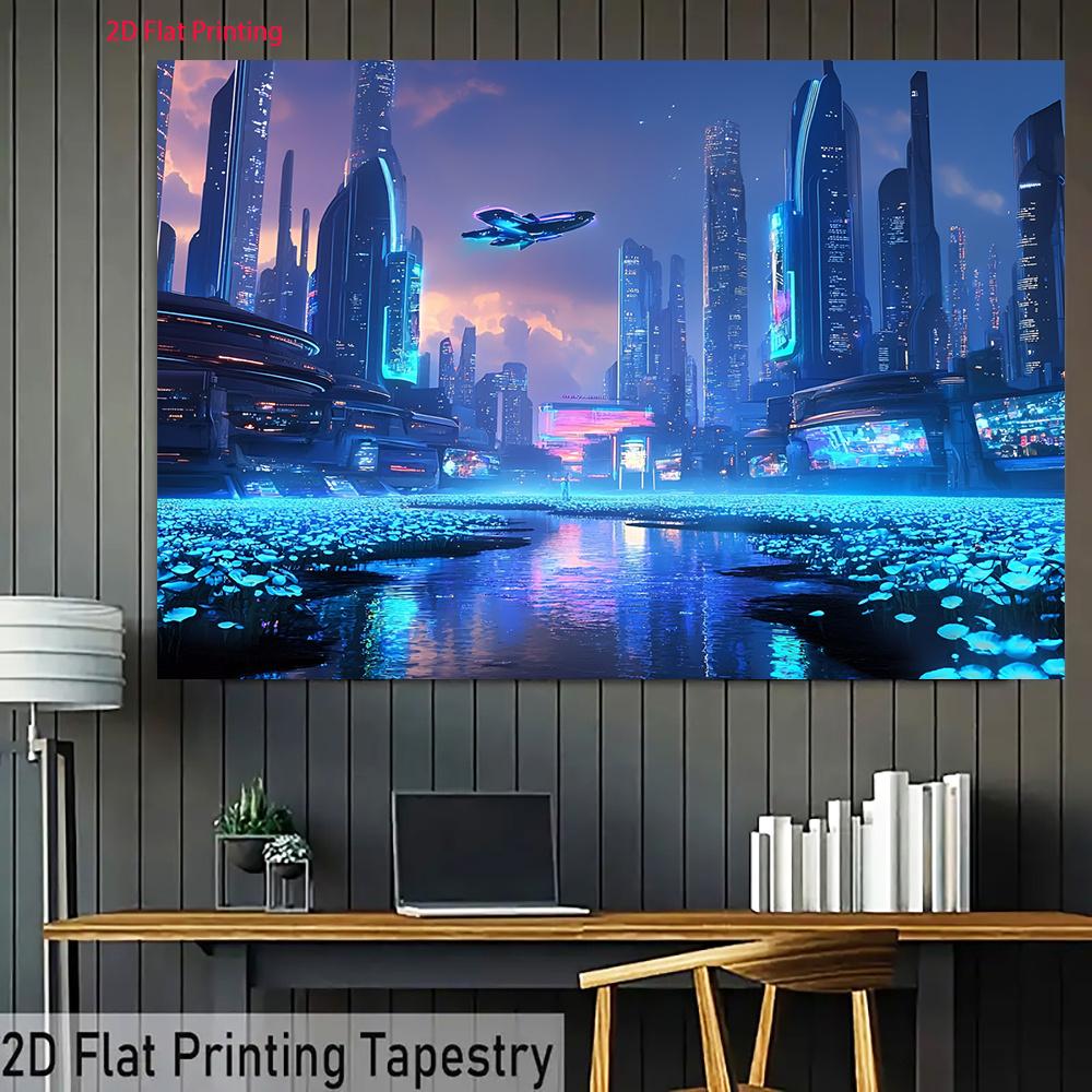 2D Plane Futuristic City At Night Suitable for Party Decoration or Room Design Polyester Fiber