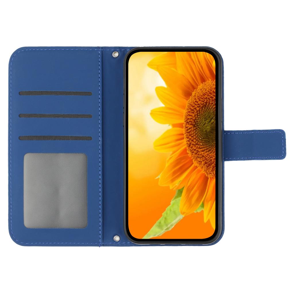 HT04 For iPhone 16 Case Sunflower Imprint Leather Wallet Phone Cover with Hand Strap