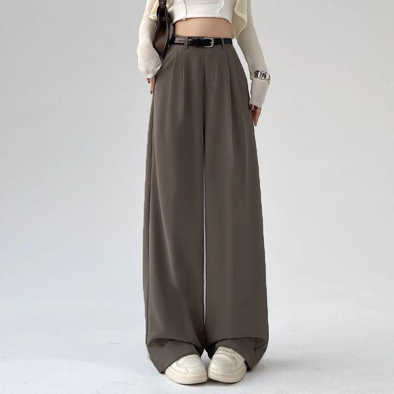 

Women s Spring 2026 High-Waist Wide-Leg Floor-Length Suit Pants Brown Short Pants with Black Belt 95cm