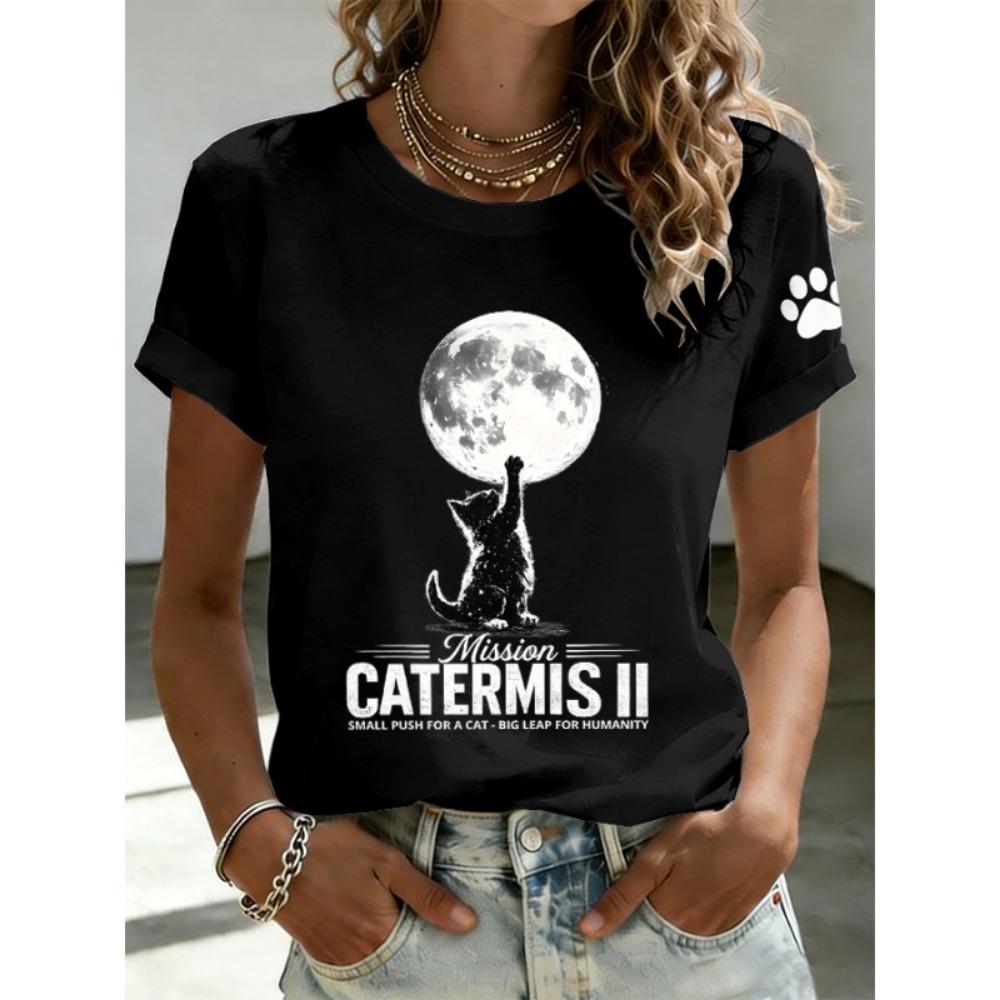 

Ilstile Women s Artemis II Cat Print T-Shirts Summer Short Sleeve Tops Casual Round Neck Tees Black White T Shirt M