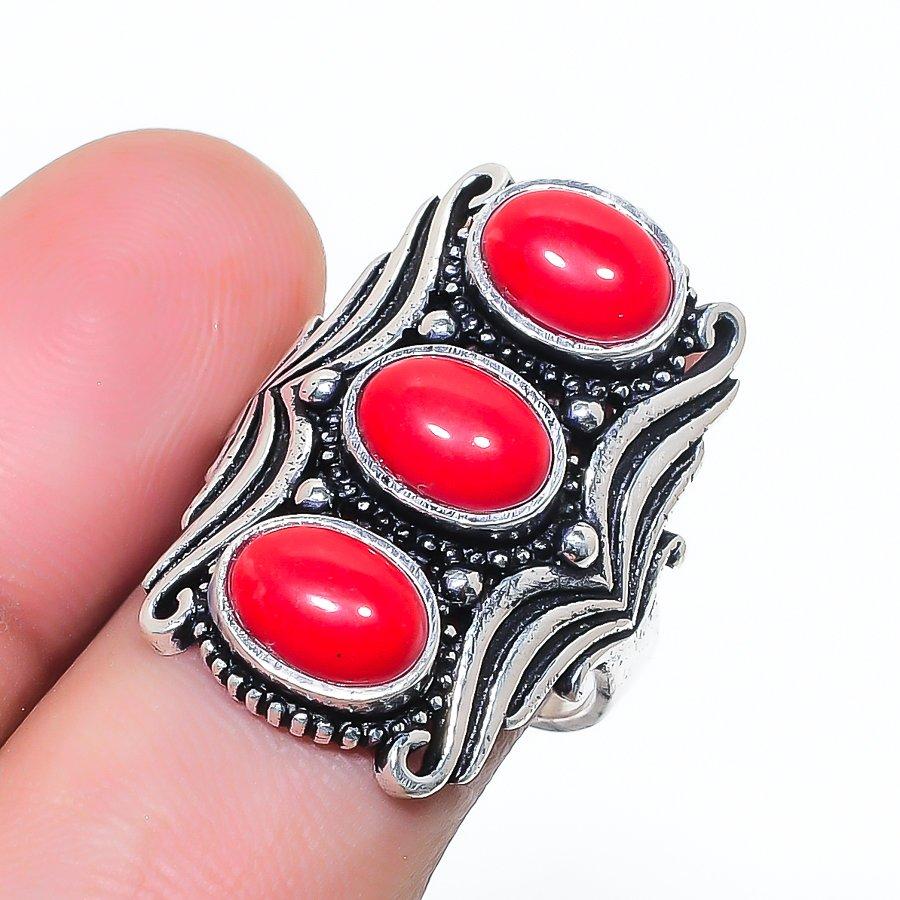 Natural Italian Red Coral Gemstone 925 Sterling Silver Jewelry Ring Size 6 AR-17250