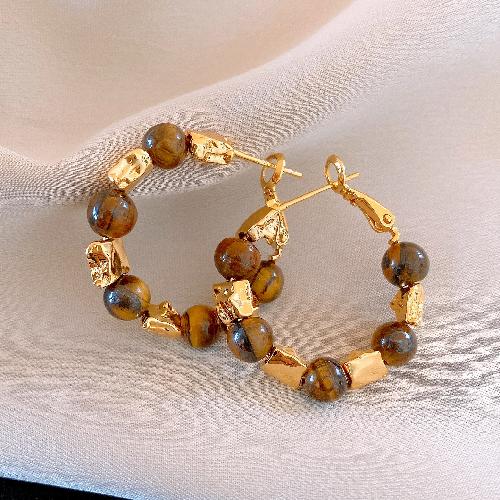 Silver Needle Resin Tiger's Eye Stone Round Leopard Pattern Earrings Retro Maillard Earrings Niche High-end Earrings