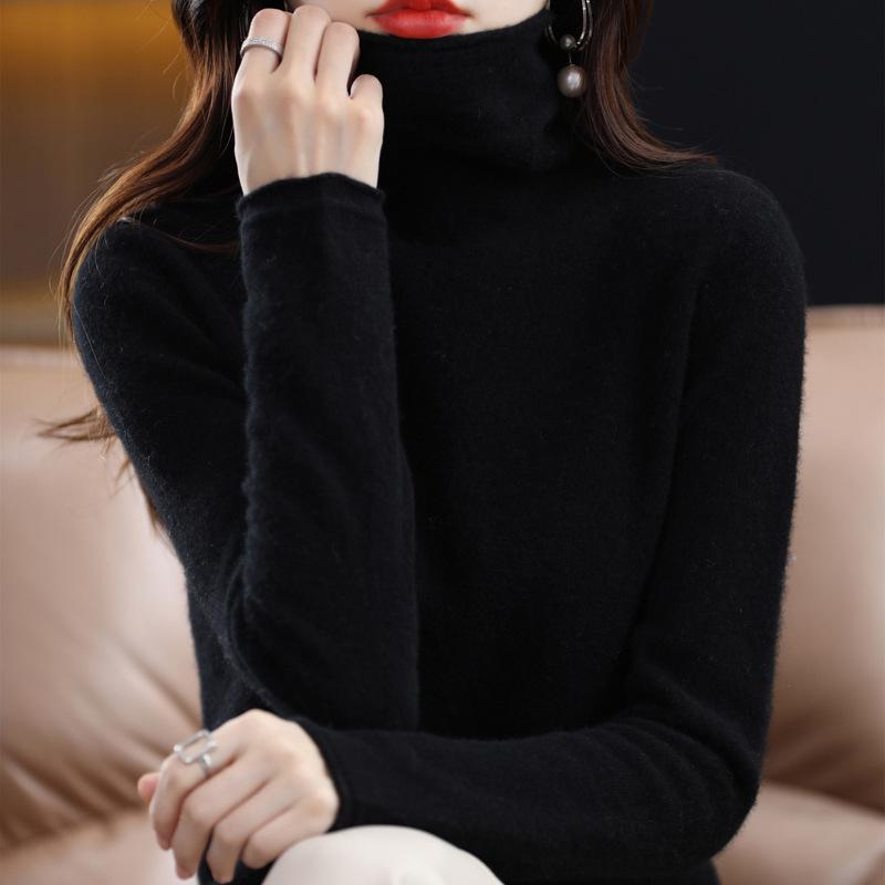 Women's High Neck Wool Sweater - 100% Pure Wool, Rolled Edge for Autumn/Winter - Versatile Cashmere Base Layer Knitwear.