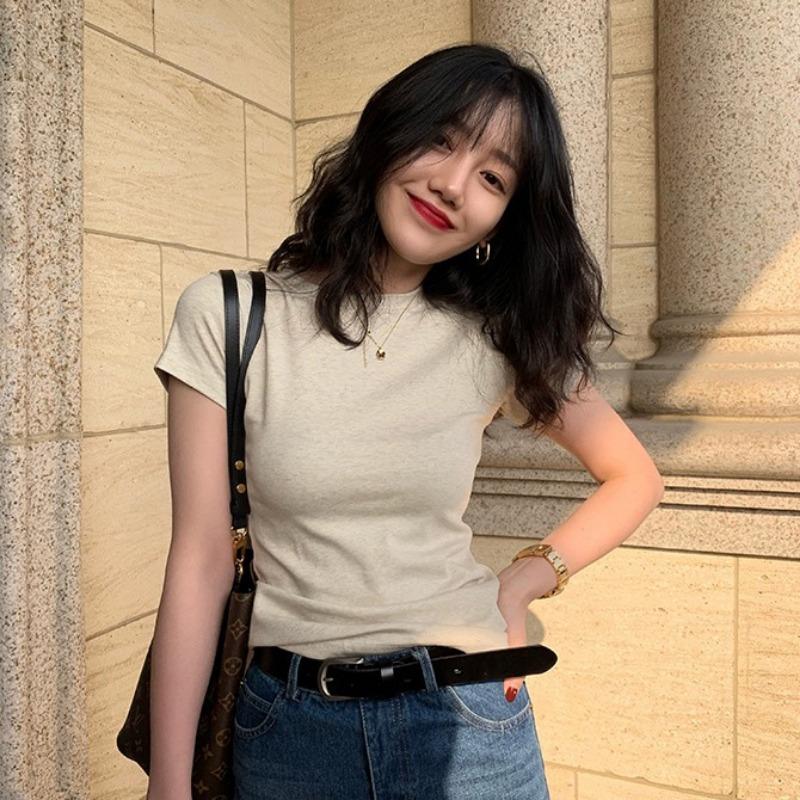Fashon Sommer Slim Fit Casual T-Shirt Damen Kurzarm Rundhals Damen T-Shirt Tops Uni Schlicht Büro Damen T-Shirts Kleidung 24487