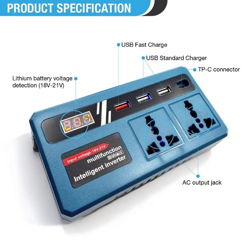 1Pcs 18v 20v To 220v Battery Inverter with 4 USB LED Multifunctional Smart Transformer Household Dual Plug