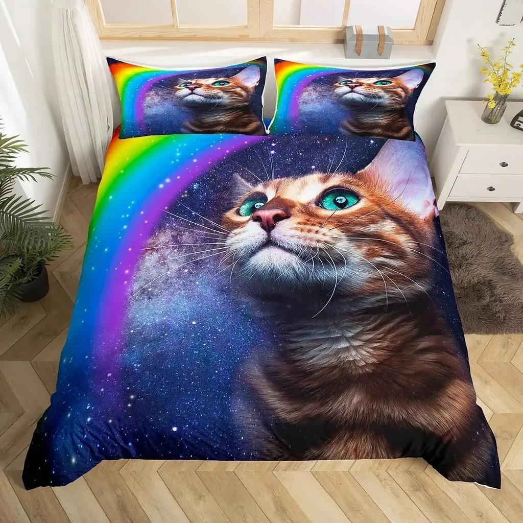 Comforter Galaxy Cat Girls 3D Digital Cat Bedding Set Galaxy Colorful Cat Starry Sky Comforter Lover