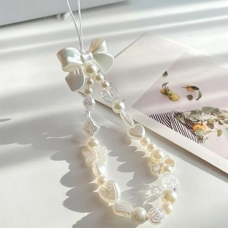 1Pc Pearl Love Heart Bow Beads Cellphone Decor Chain Charm Lanyard Universal Accessories Jewelry Pendant Strap Women Girls