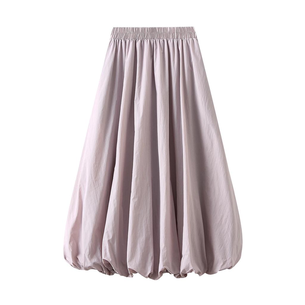 Women's Elegant Elastic High Waist Solid Color A-Line Pleated Puffball Hem Casual Flowy Balloon Bud Midi Skirts