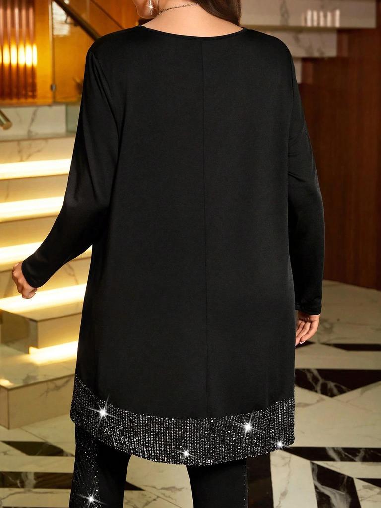 Plus Size Sequin Patchwork Sweetheart Neck Long Sleeve Top - Spring/Autumn