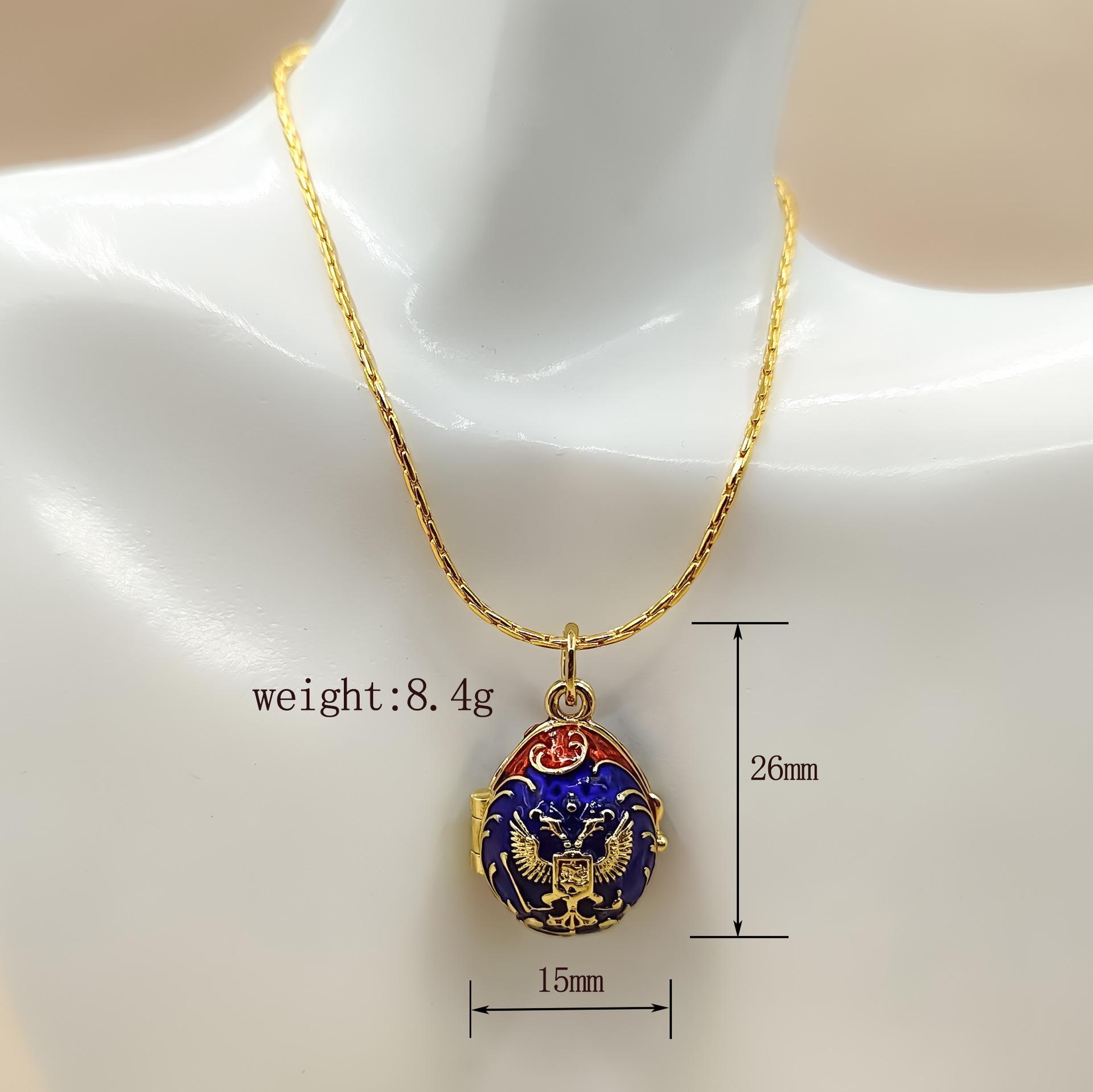 Russian Royal Enamel Pendant Necklace with Double-Headed Eagle, Zircon Tassel, and Gold-Plated Copper.