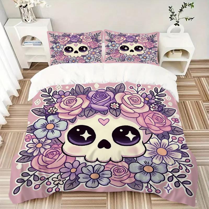 3pcs Pink Cute Skull Print Bedding Set Soft and Comfortable, Suitable for Use In Bedrooms and Guest Rooms.N075