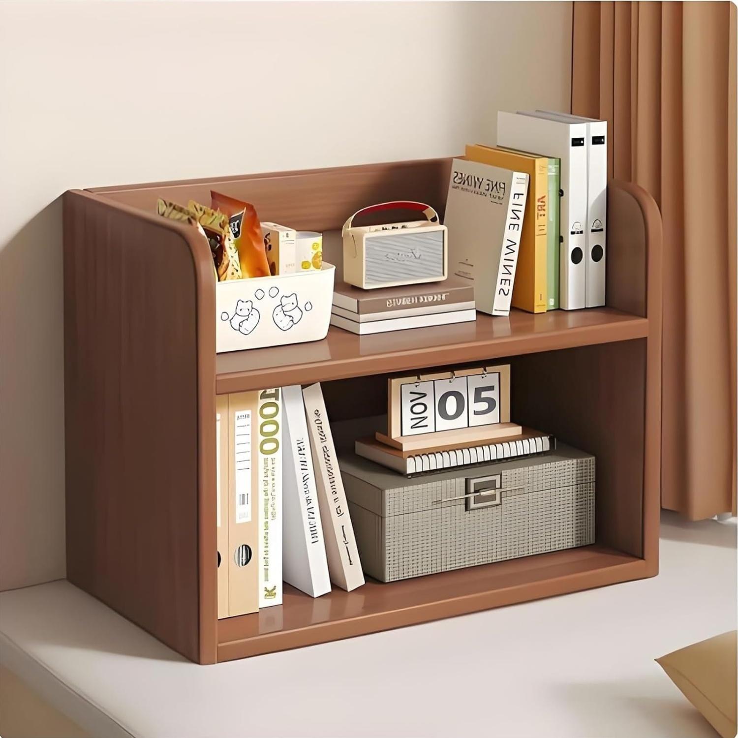 

2-х уровневый деревянный настольный органайзер - многофункциональное настольное хранилище для книг/декора, прочный 2-х полочный настольный органайзер с ящиком кофейный