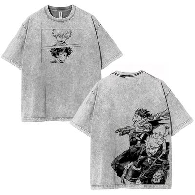 Midoriya Izuku Bakugou Katsuki My Hero Academia Print T-shirt Manga Harajuku Retro Washed T Shirt Men Women Clothing Cotton Tees