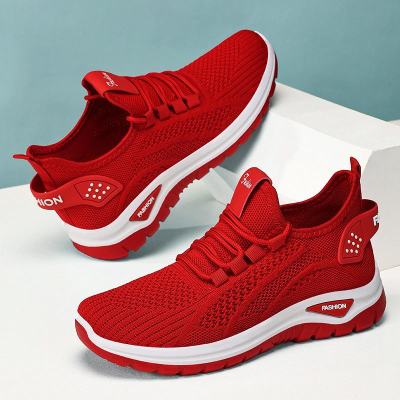 Red Women Sneakers Lace Up Knitted Breathable Mesh Sneakers Women Casual Shoes Gym Ladies Tennis Shoes Zapatos De Mujer