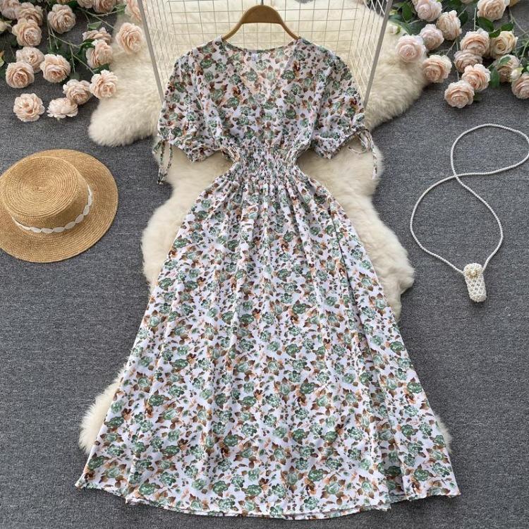 Sommer Blomstermønster V-hals Kort Erme Høy midje A-linje Hverdagskjole Kvinner Vår Ankellengde