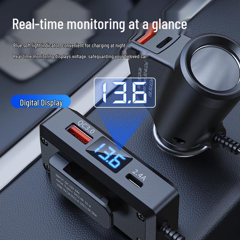 Multifunctional Car Charger with QC3.0+PD Fast Charging, 12V/24V Compatibility, and Voltage Display